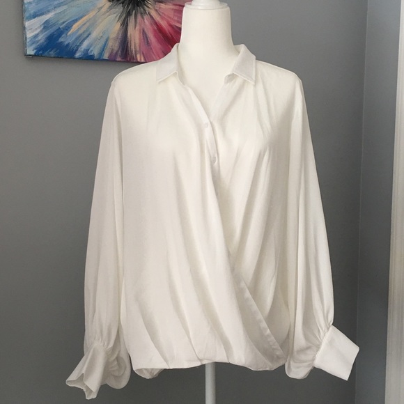 Umgee Tops - UMGEE Blouse White Button Down Wrap Long Sleeves